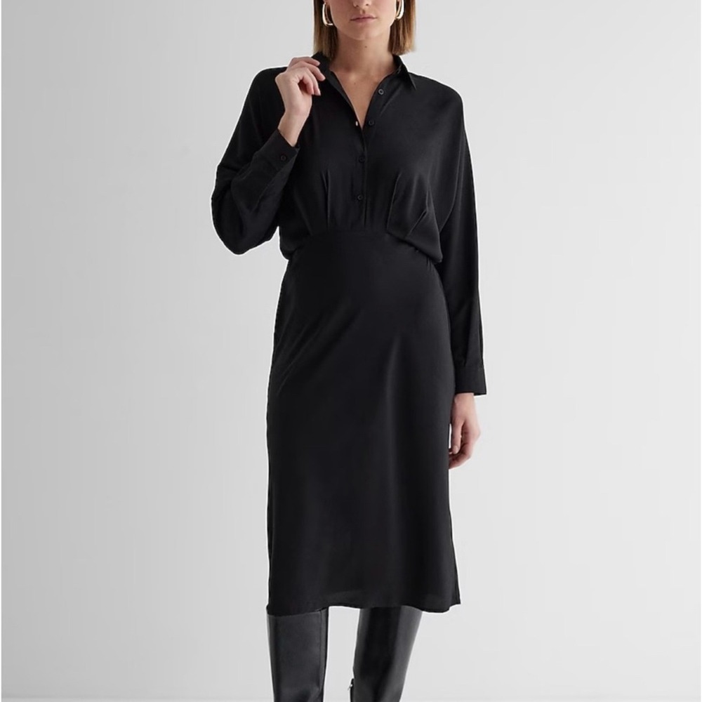 NWT‎ Express Black Collared Half Button Up Midi D… - image 1